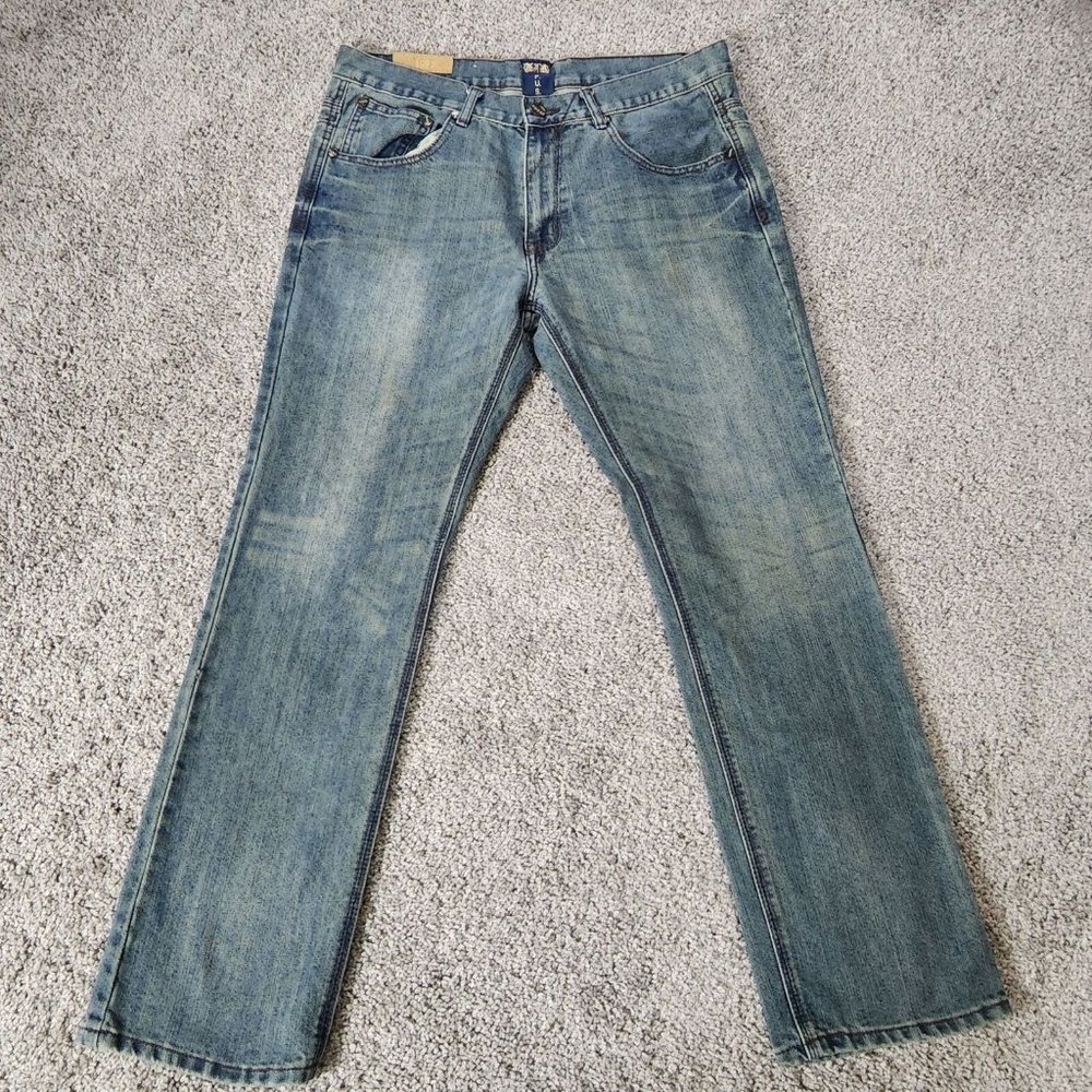FUSAI Denim Blue Jeans Size‎ 35x31 Straight Leg Embroidered Med Wash.
